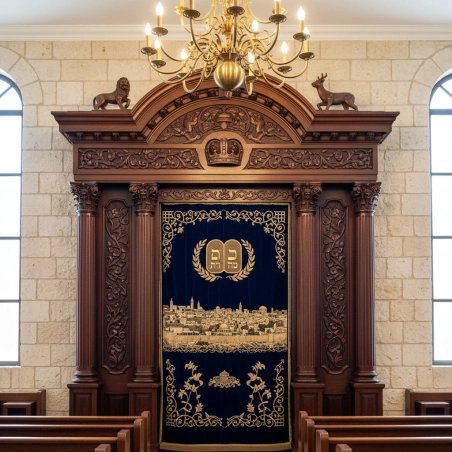 Exquisite Hand-Carved Aron Kodesh: Premium Synagogue Holy Ark with Gold Embroidered Velvet Parochet, Masterfully Crafted.