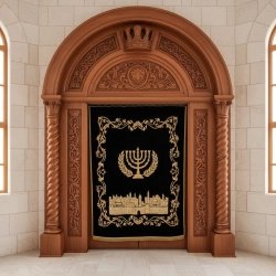 Luxurious Hand-Carved Hardwood Aron Kodesh with Gold Embroidered Parochet by a Premier Furniture Manufacturer.