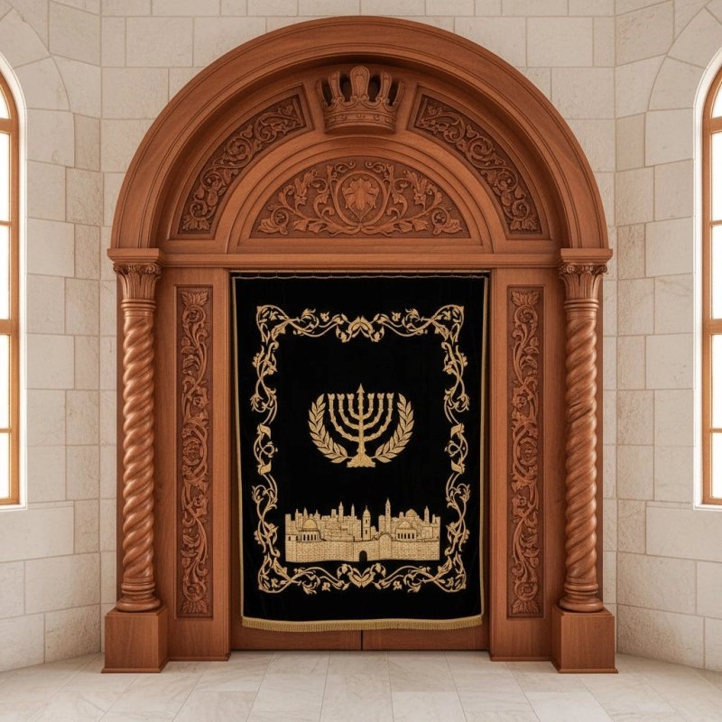 Luxurious Hand-Carved Hardwood Aron Kodesh with Gold Embroidered Parochet by a Premier Furniture Manufacturer. Luxurious Hand-Carved Hardwood Aron Kodesh with Gold Embroidered Parochet by a Premier Furniture Manufacturer.