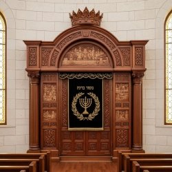 Majestic Handcrafted Aron Kodesh: Premium Synagogue Ark featuring Ornate Carvings and Golden Lion Embroidery by Expert Artisans.