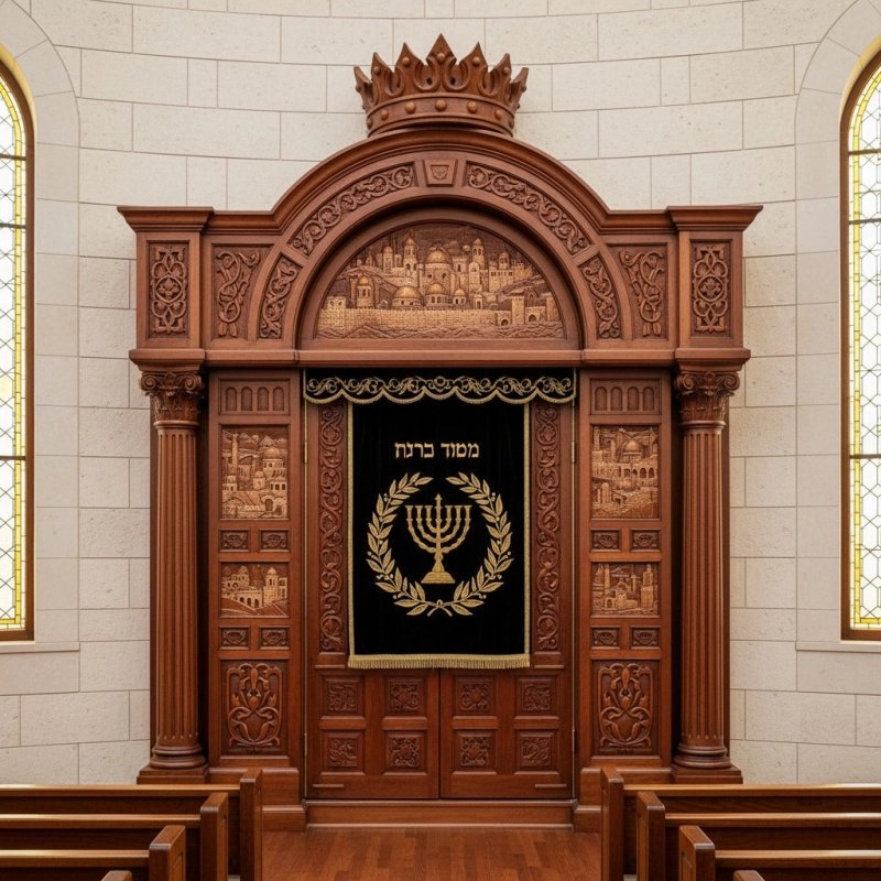 Majestic Handcrafted Aron Kodesh: Premium Synagogue Ark featuring Ornate Carvings and Golden Lion Embroidery by Expert Artisans. Majestic Handcrafted Aron Kodesh: Premium Synagogue Ark featuring Ornate Carvings and Golden Lion Embroidery by Expert Artisans.