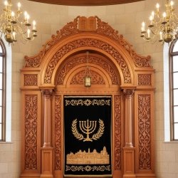 Stunning hand-carved Aron Kodesh, epitomizing manufacturer quality and spiritual craftsmanship for synagogue furniture.