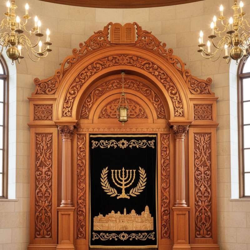 Stunning hand-carved Aron Kodesh, epitomizing manufacturer quality and spiritual craftsmanship for synagogue furniture. Stunning hand-carved Aron Kodesh, epitomizing manufacturer quality and spiritual craftsmanship for synagogue furniture.