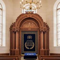 Premium Handcrafted Aron Kodesh with Gold Embroidered Velvet Parochet, Ideal for Synagogues and Judaica Interiors.