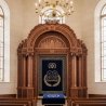 Premium Handcrafted Aron Kodesh with Gold Embroidered Velvet Parochet, Ideal for Synagogues and Judaica Interiors.