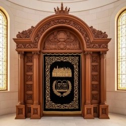 Hand-carved Aron Kodesh with velvet parochet, a testament to expert synagogue furniture manufacturing and heritage.