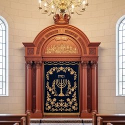 Premium Hand-Carved Hardwood Aron Kodesh with Embroidered Velvet Parochet for Synagogue, Manufacturer Quality