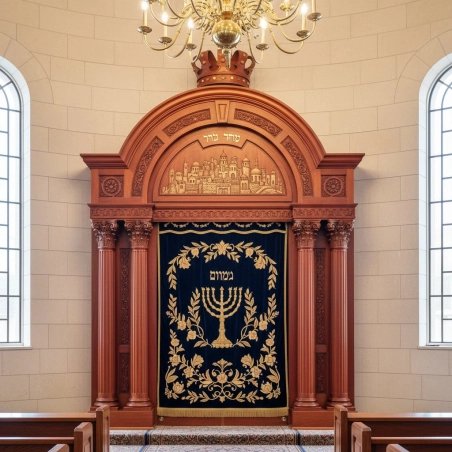 Premium Hand-Carved Hardwood Aron Kodesh with Embroidered Velvet Parochet for Synagogue, Manufacturer Quality