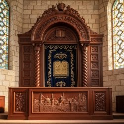 Ornate Hand-Carved Aron Kodesh with Deep Blue Velvet and Gold Embroidery - Premium Synagogue Furniture by Expert Manufacturer.