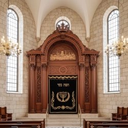 Premium Aron Kodesh | Handcrafted Sacred Ark with Golden Embroidered Velvet Parochet | Leading Synagogue Furniture Manufacturer