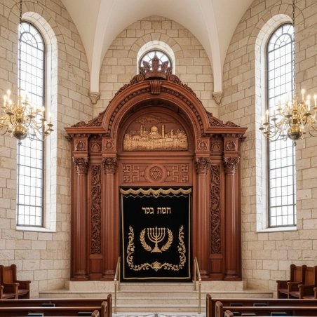 Premium Aron Kodesh | Handcrafted Sacred Ark with Golden Embroidered Velvet Parochet | Leading Synagogue Furniture Manufacturer
