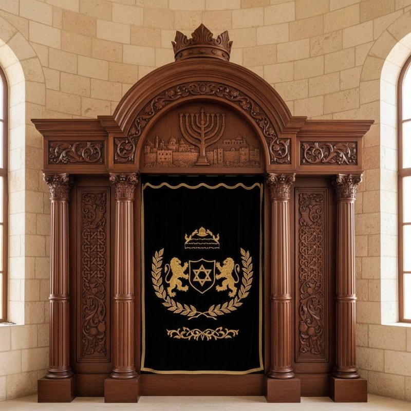 Exquisite solid wood Aron Kodesh, a symbol of premium synagogue furniture manufacturing and timeless craftsmanship.