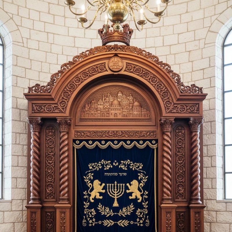 Grand Aron Kodesh: Superior Hardwood Craftsmanship & Embroidered Velvet Parochet, by [Your Company Name]
