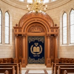 Premium Hand-Carved Aron Kodesh: Solid Wood Synagogue Ark with Golden Embroidered Velvet Parochet, Manufacturer Quality.