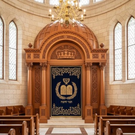 Premium Hand-Carved Aron Kodesh: Solid Wood Synagogue Ark with Golden Embroidered Velvet Parochet, Manufacturer Quality.
