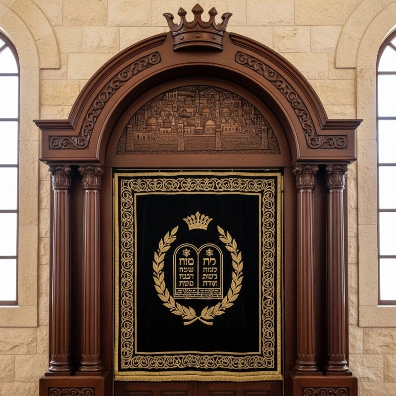 Elegant hand-carved Aron Kodesh, a symbol of devotion and artisanal furniture quality for synagogues.