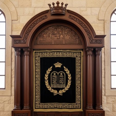 Elegant hand-carved Aron Kodesh, a symbol of devotion and artisanal furniture quality for synagogues.