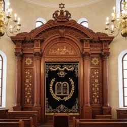 Grand Hand-Carved Aron Kodesh, Premium Synagogue Ark with Gilded Accents, Exemplifying Master Furniture Manufacturing.