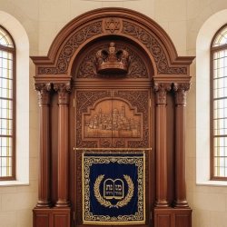 Premium hand-carved Aron Kodesh with velvet gold embroidery, showcasing exceptional manufacturing quality for synagogues.