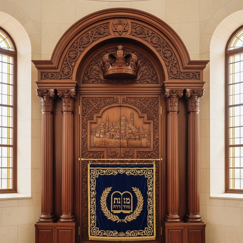 Premium hand-carved Aron Kodesh with velvet gold embroidery, showcasing exceptional manufacturing quality for synagogues.
