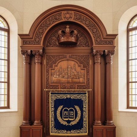 Premium hand-carved Aron Kodesh with velvet gold embroidery, showcasing exceptional manufacturing quality for synagogues.