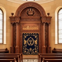 Premium Aron Kodesh, Hand-Carved Synagogue Ark, Superior Hardwood Furniture, Black and Gold Parochet, Manufacturer Quality.