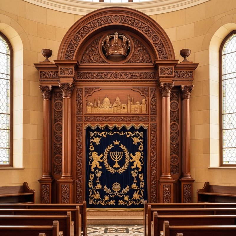 Premium Aron Kodesh, Hand-Carved Synagogue Ark, Superior Hardwood Furniture, Black and Gold Parochet, Manufacturer Quality. Premium Aron Kodesh, Hand-Carved Synagogue Ark, Superior Hardwood Furniture, Black and Gold Parochet, Manufacturer Quality.