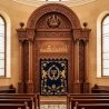 Premium Aron Kodesh, Hand-Carved Synagogue Ark, Superior Hardwood Furniture, Black and Gold Parochet, Manufacturer Quality.