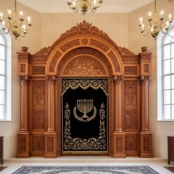 Magnificent hand-carved Aron Kodesh featuring gilded velvet embroidery, embodying superior synagogue furniture craftsmanship.