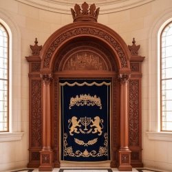 Majestic Hand-Carved Wooden Aron Kodesh with Velvet Parochet - Premium Synagogue Furniture by Leading Manufacturer.