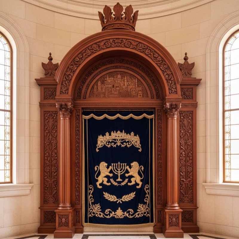 Majestic Hand-Carved Wooden Aron Kodesh with Velvet Parochet - Premium Synagogue Furniture by Leading Manufacturer. Majestic Hand-Carved Wooden Aron Kodesh with Velvet Parochet - Premium Synagogue Furniture by Leading Manufacturer.