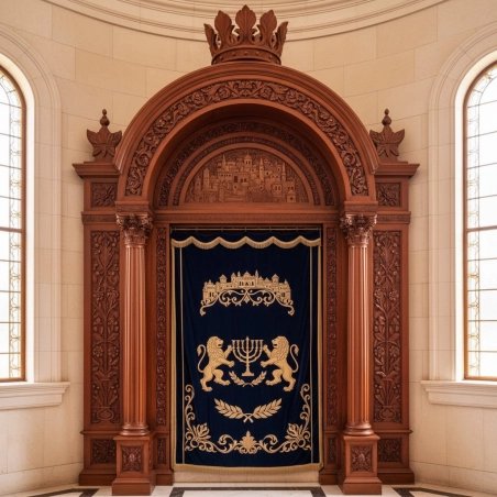 Majestic Hand-Carved Wooden Aron Kodesh with Velvet Parochet - Premium Synagogue Furniture by Leading Manufacturer.
