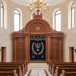 Luxurious Aron Kodesh Holy Ark: Expertly manufactured hardwood, royal blue velvet, and gold embroidery for revered synagogues.
