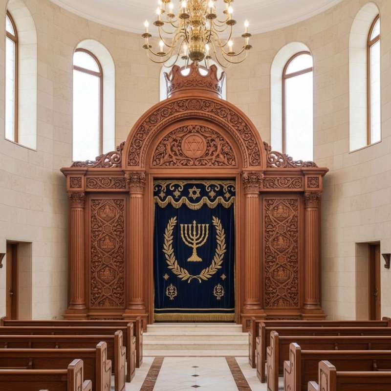 Luxurious Aron Kodesh Holy Ark: Expertly manufactured hardwood, royal blue velvet, and gold embroidery for revered synagogues. Luxurious Aron Kodesh Holy Ark: Expertly manufactured hardwood, royal blue velvet, and gold embroidery for revered synagogues.