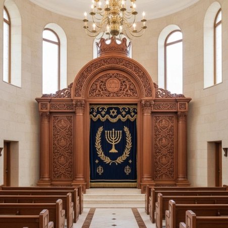 Luxurious Aron Kodesh Holy Ark: Expertly manufactured hardwood, royal blue velvet, and gold embroidery for revered synagogues.