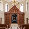 Luxurious Aron Kodesh Holy Ark: Expertly manufactured hardwood, royal blue velvet, and gold embroidery for revered synagogues.