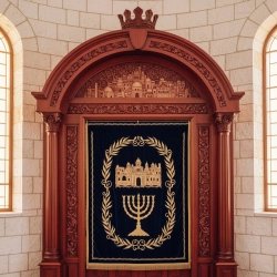 Premium hand-carved Aron Kodesh, a masterpiece of synagogue furniture craftsmanship from a leading manufacturer.