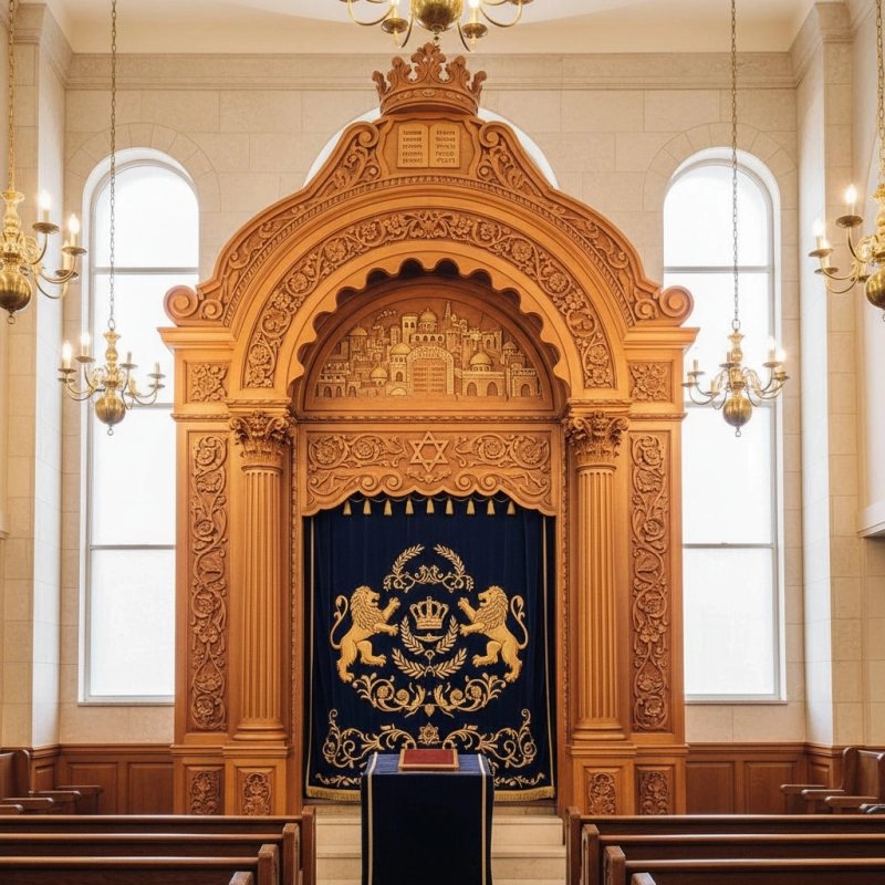Hand-Carved Wooden Aron Kodesh with Velvet Parochet | Premium Synagogue Furniture by Expert Manufacturer Hand-Carved Wooden Aron Kodesh with Velvet Parochet | Premium Synagogue Furniture by Expert Manufacturer