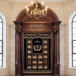 Premium Handcrafted Aron Kodesh Synagogue Ark with Ornate Wood Carvings and Gold Embroidered Parochet.
