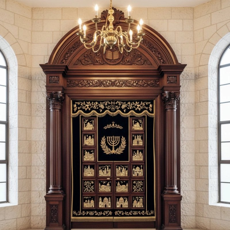 Premium Handcrafted Aron Kodesh Synagogue Ark with Ornate Wood Carvings and Gold Embroidered Parochet. Premium Handcrafted Aron Kodesh Synagogue Ark with Ornate Wood Carvings and Gold Embroidered Parochet.