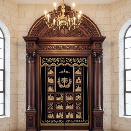 Premium Handcrafted Aron Kodesh Synagogue Ark with Ornate Wood Carvings and Gold Embroidered Parochet.