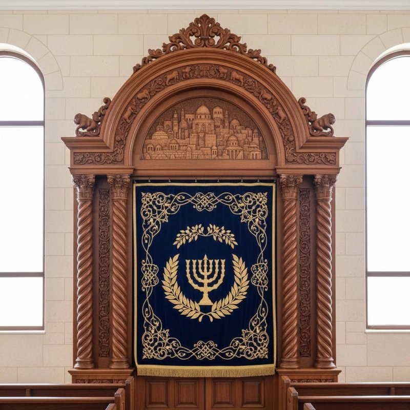 Magnificent Handcrafted Aron Kodesh: Dark Hardwood Holy Ark with Jerusalem Embroidery & Symbolic Carvings for Synagogue.