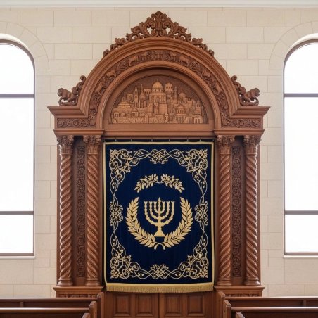 Magnificent Handcrafted Aron Kodesh: Dark Hardwood Holy Ark with Jerusalem Embroidery & Symbolic Carvings for Synagogue.