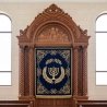 Magnificent Handcrafted Aron Kodesh: Dark Hardwood Holy Ark with Jerusalem Embroidery & Symbolic Carvings for Synagogue.
