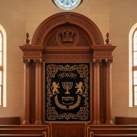 Majestic hand-carved Aron Kodesh with gold-embroidered velvet parochet, a masterpiece of synagogue furniture craftsmanship.