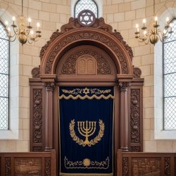 Premium Aron Kodesh: Traditional Hand-Carved Wood and Luxurious Embroidered Parochet for Synagogues.
