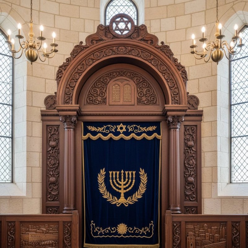 Premium Aron Kodesh: Traditional Hand-Carved Wood and Luxurious Embroidered Parochet for Synagogues. Premium Aron Kodesh: Traditional Hand-Carved Wood and Luxurious Embroidered Parochet for Synagogues.