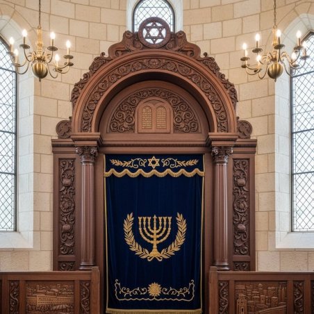 Premium Aron Kodesh: Traditional Hand-Carved Wood and Luxurious Embroidered Parochet for Synagogues.