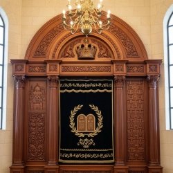 Exquisite handcrafted Aron Kodesh, a testament to master wood carving and premium synagogue furniture manufacturing.