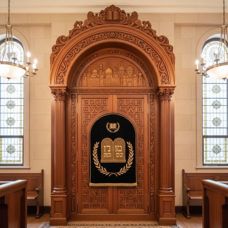 Ornate Handcrafted Aron Kodesh Holy Ark | Premium Solid Wood & Velvet Synagogue Furniture | Manufacturing Excellence Ornate Handcrafted Aron Kodesh Holy Ark | Premium Solid Wood & Velvet Synagogue Furniture | Manufacturing Excellence